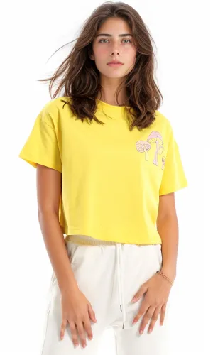 97658 "Good Vibes " Back Printing & Front Side Printing Yellow Crop Top