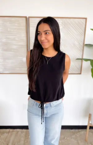 Black Linen Sleeveless Top with Drawstring