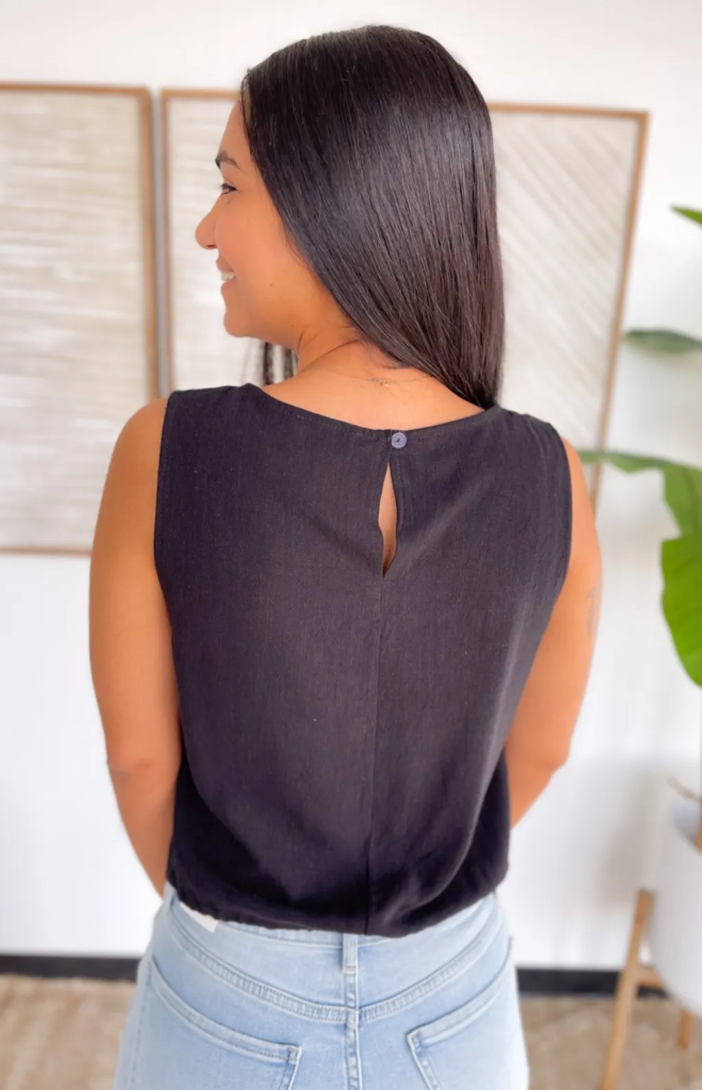 Black Linen Sleeveless Top with Drawstring