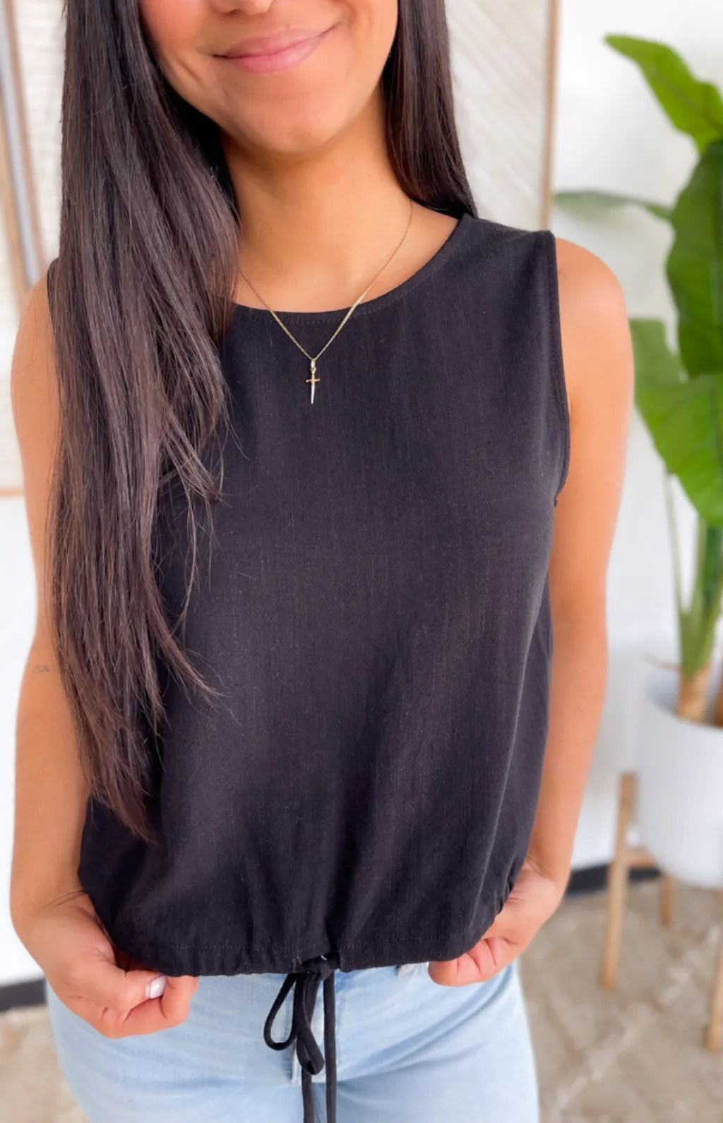 Black Linen Sleeveless Top with Drawstring