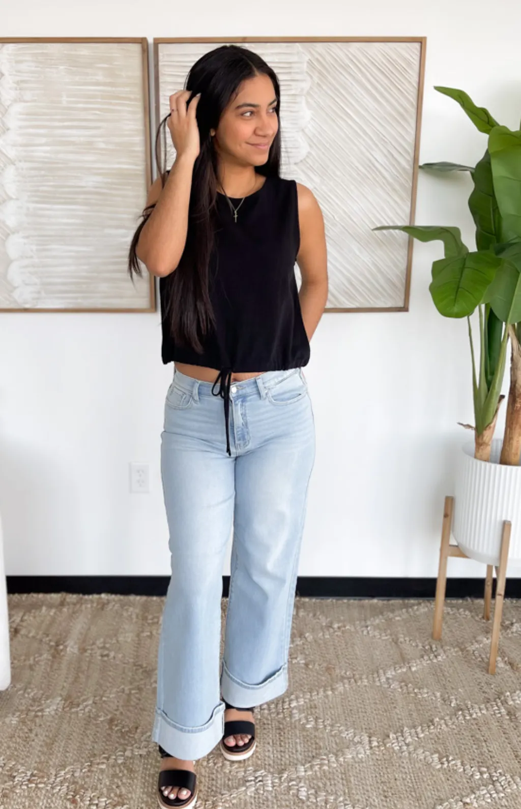 Black Linen Sleeveless Top with Drawstring