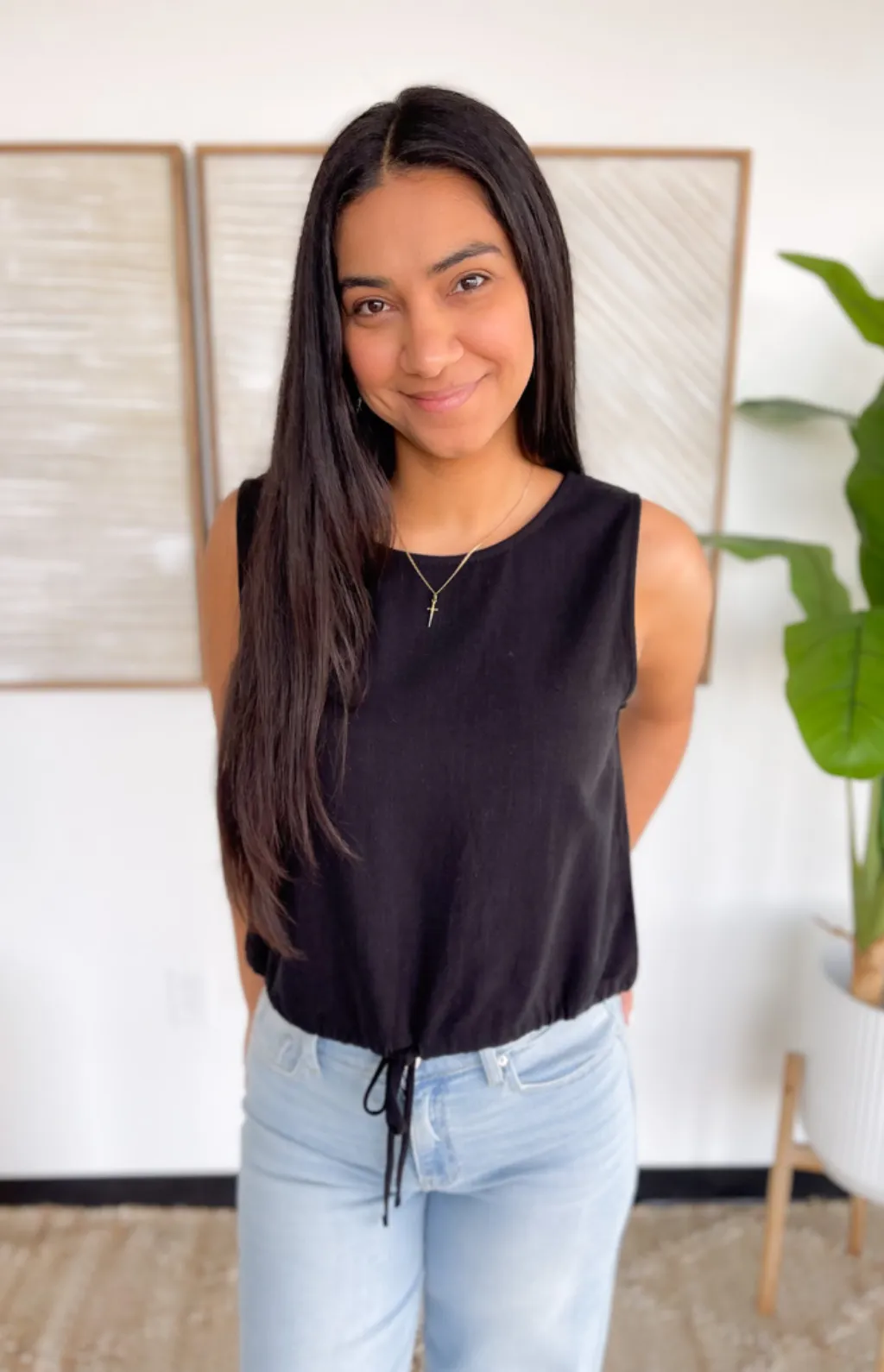 Black Linen Sleeveless Top with Drawstring