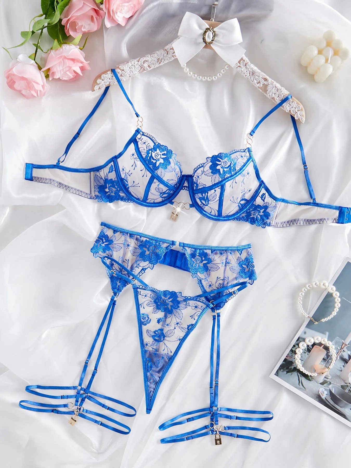 Blue Blossom Mesh Lingerie Set