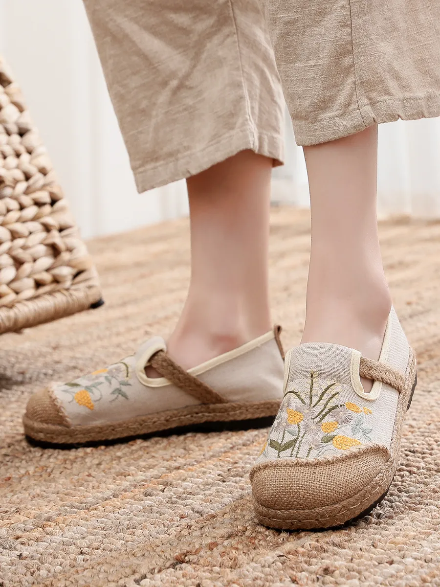 Cactus Rose | Field Corn Embroidered Round Toe Linen Espadrilles - Beige
