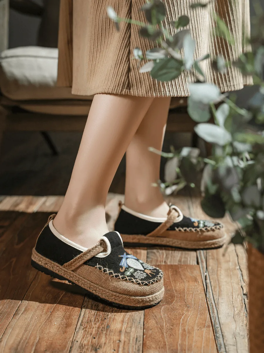 CACTUS ROSE | PATTERN EMBROIDERED LINEN ESPADRILLE LOAFER - BLACK