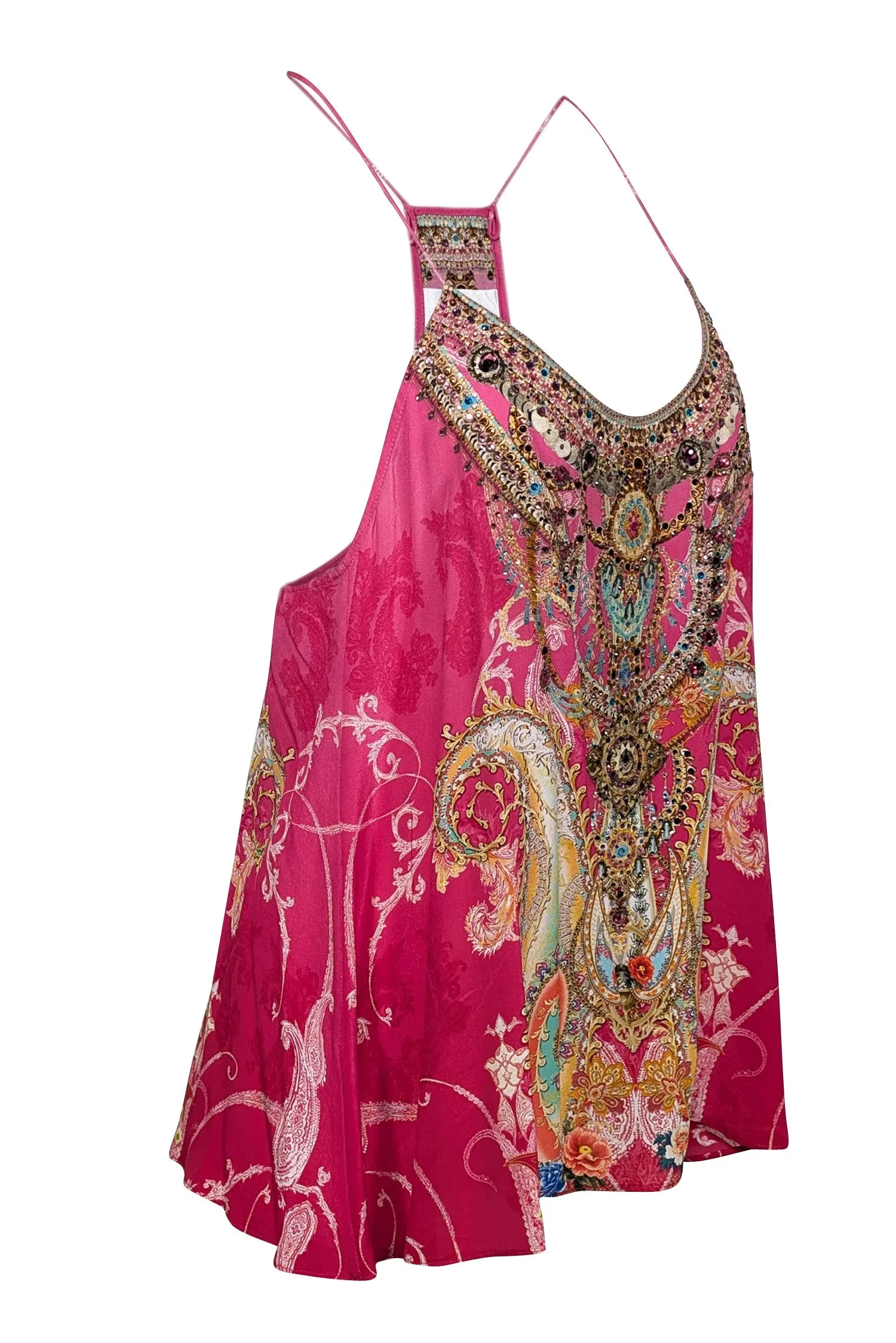 Camilla - Pink & Multicolor Print Rhinestone Embellished Sleeveless Top Sz S