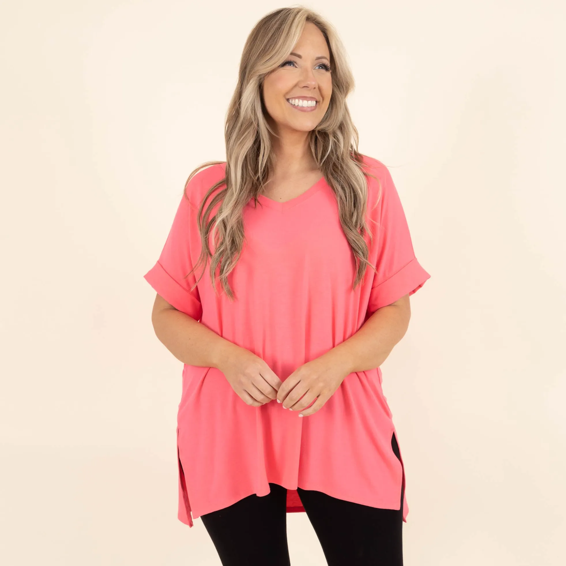 Comfy Travels Top, Neon Coral Fuchsia