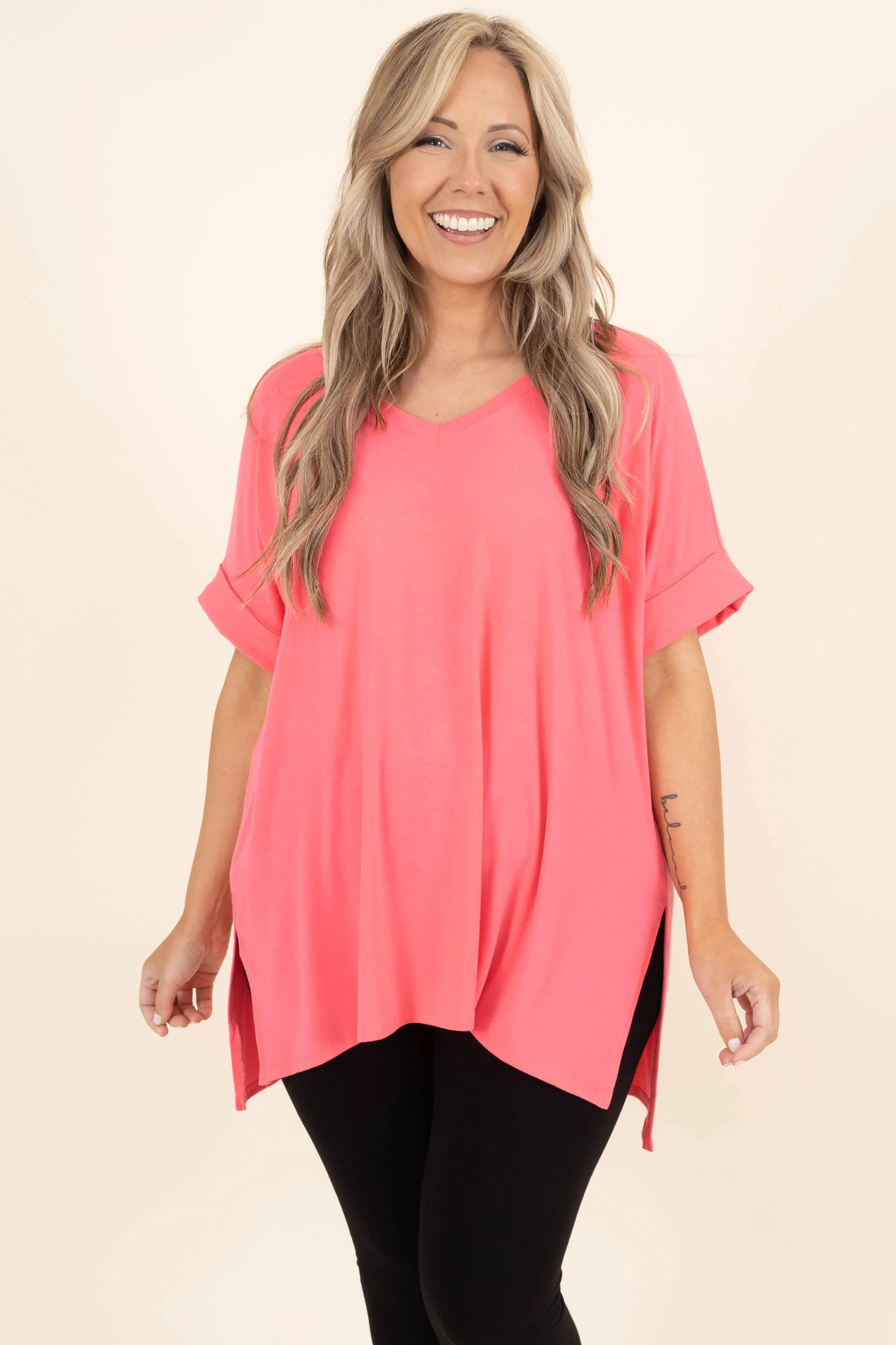 Comfy Travels Top, Neon Coral Fuchsia