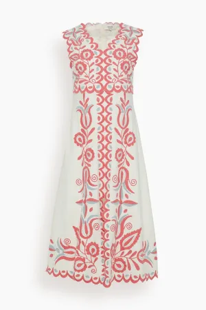 Eevi Embroidered Twill V-Neck Dress in Multi
