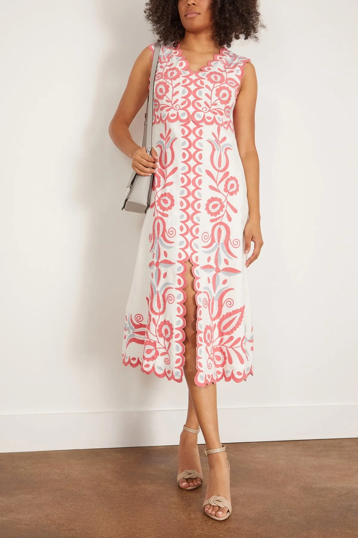 Eevi Embroidered Twill V-Neck Dress in Multi