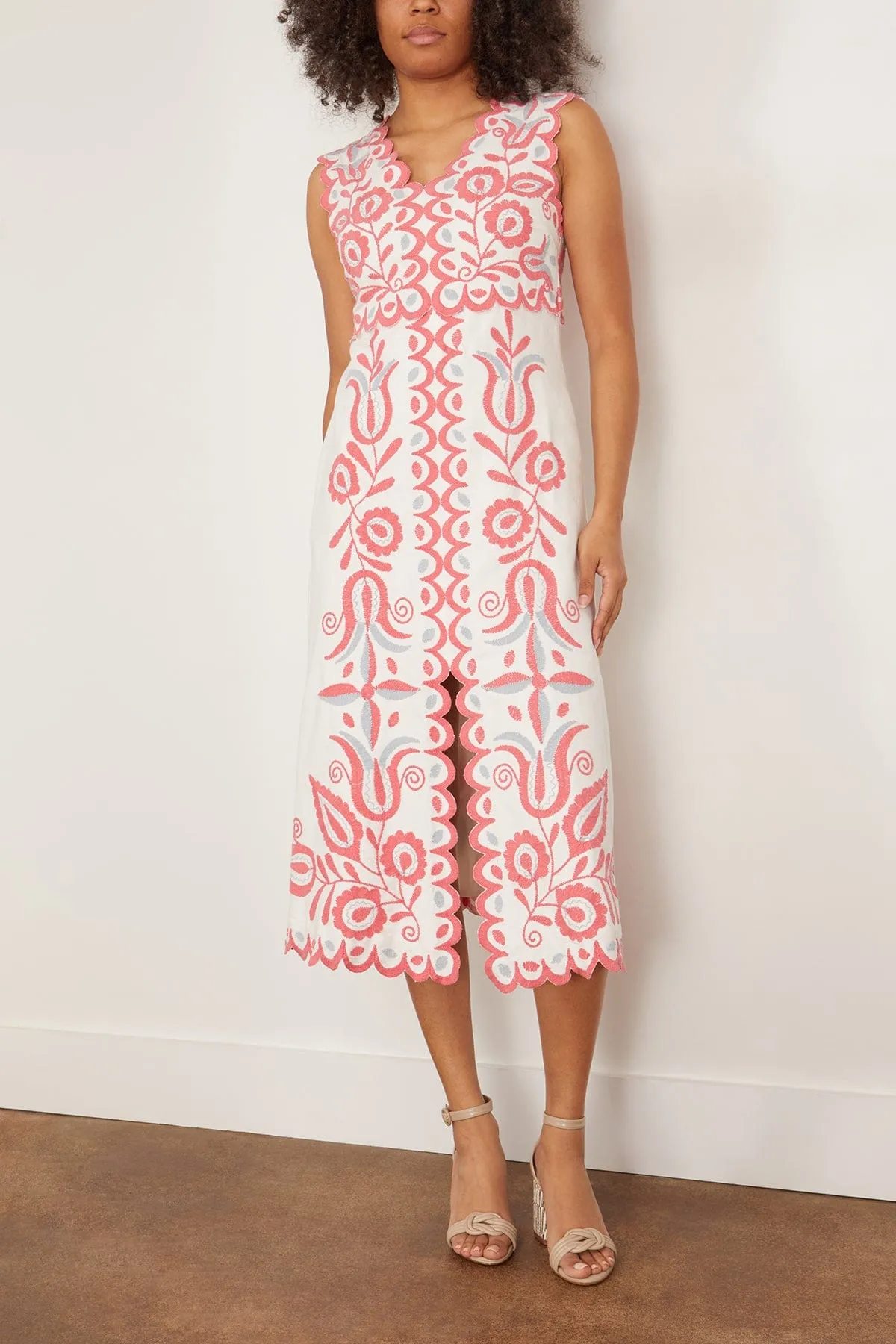 Eevi Embroidered Twill V-Neck Dress in Multi