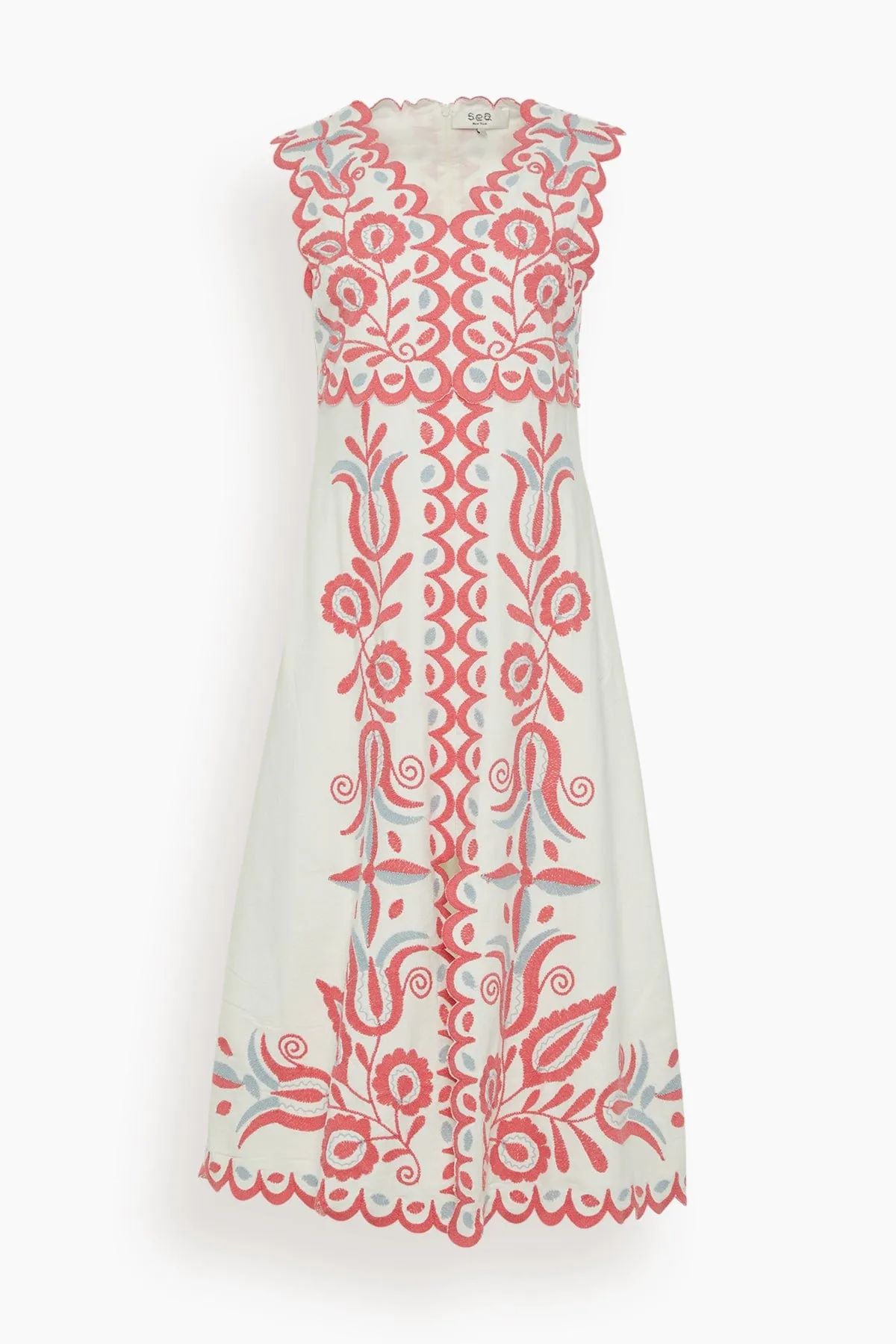 Eevi Embroidered Twill V-Neck Dress in Multi