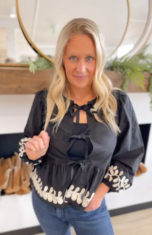 Embroidered Bow Tie Peplum Black Blouse