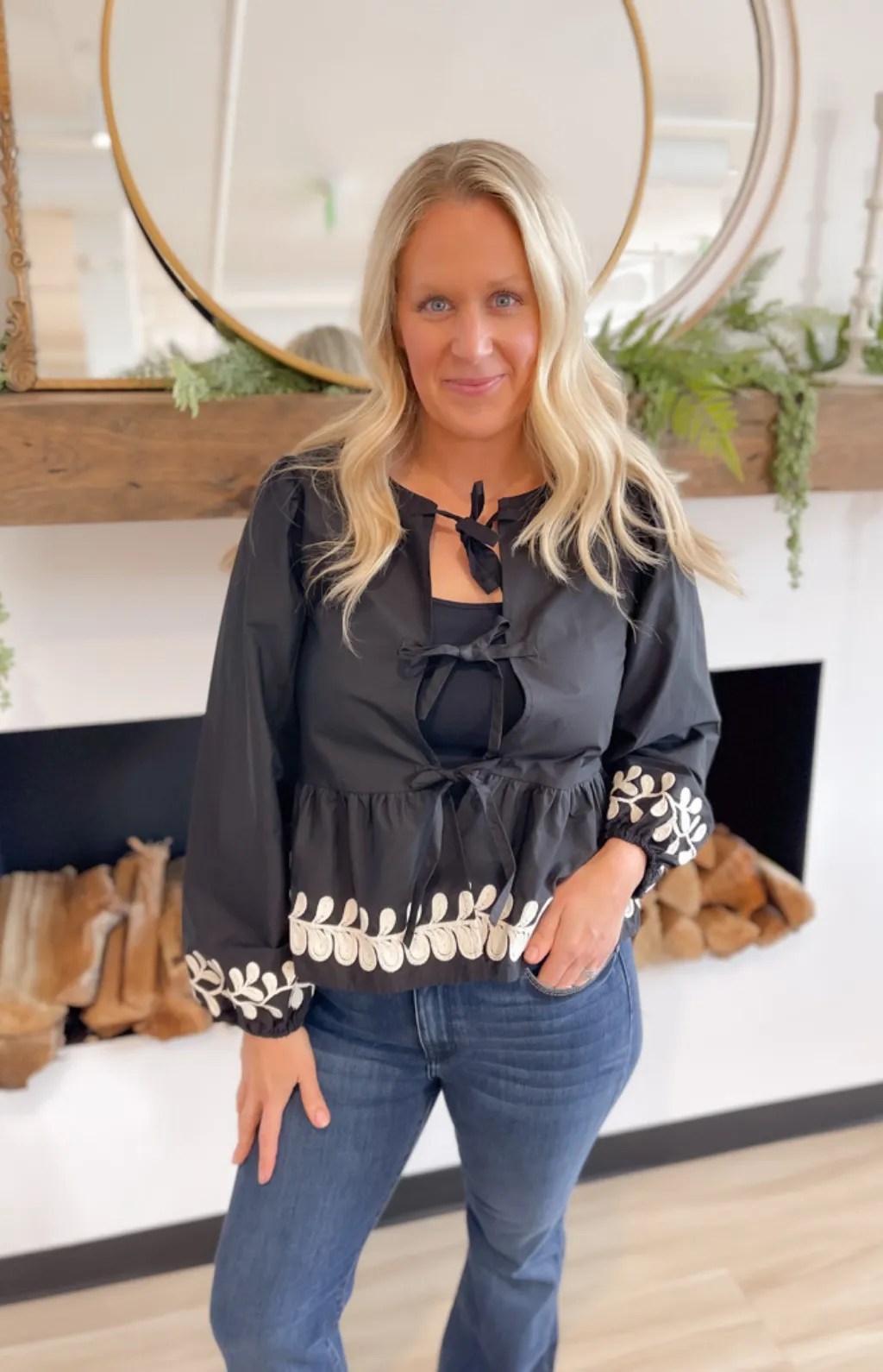 Embroidered Bow Tie Peplum Black Blouse