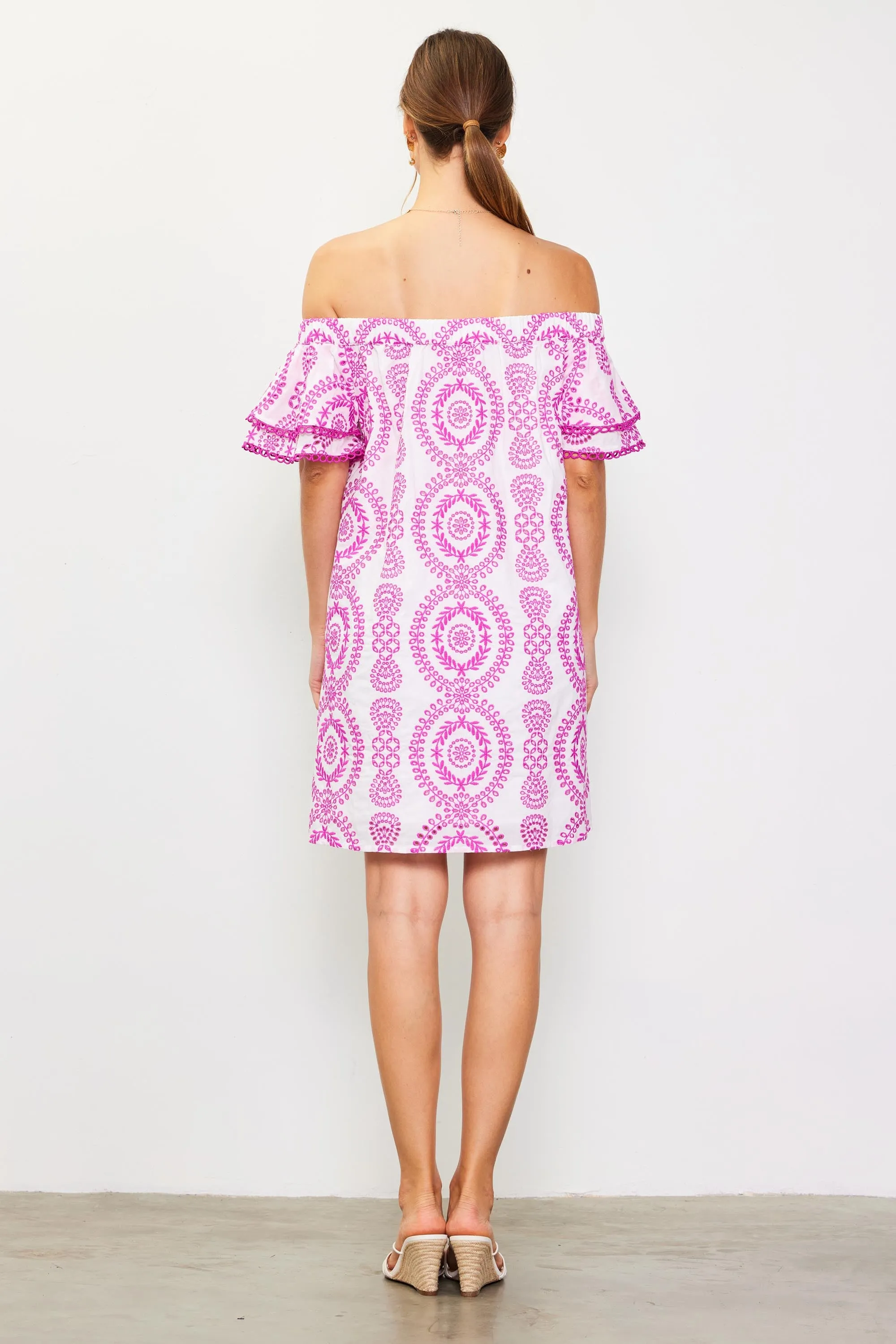 Embroidered Eyelet Off Shoulder Dress