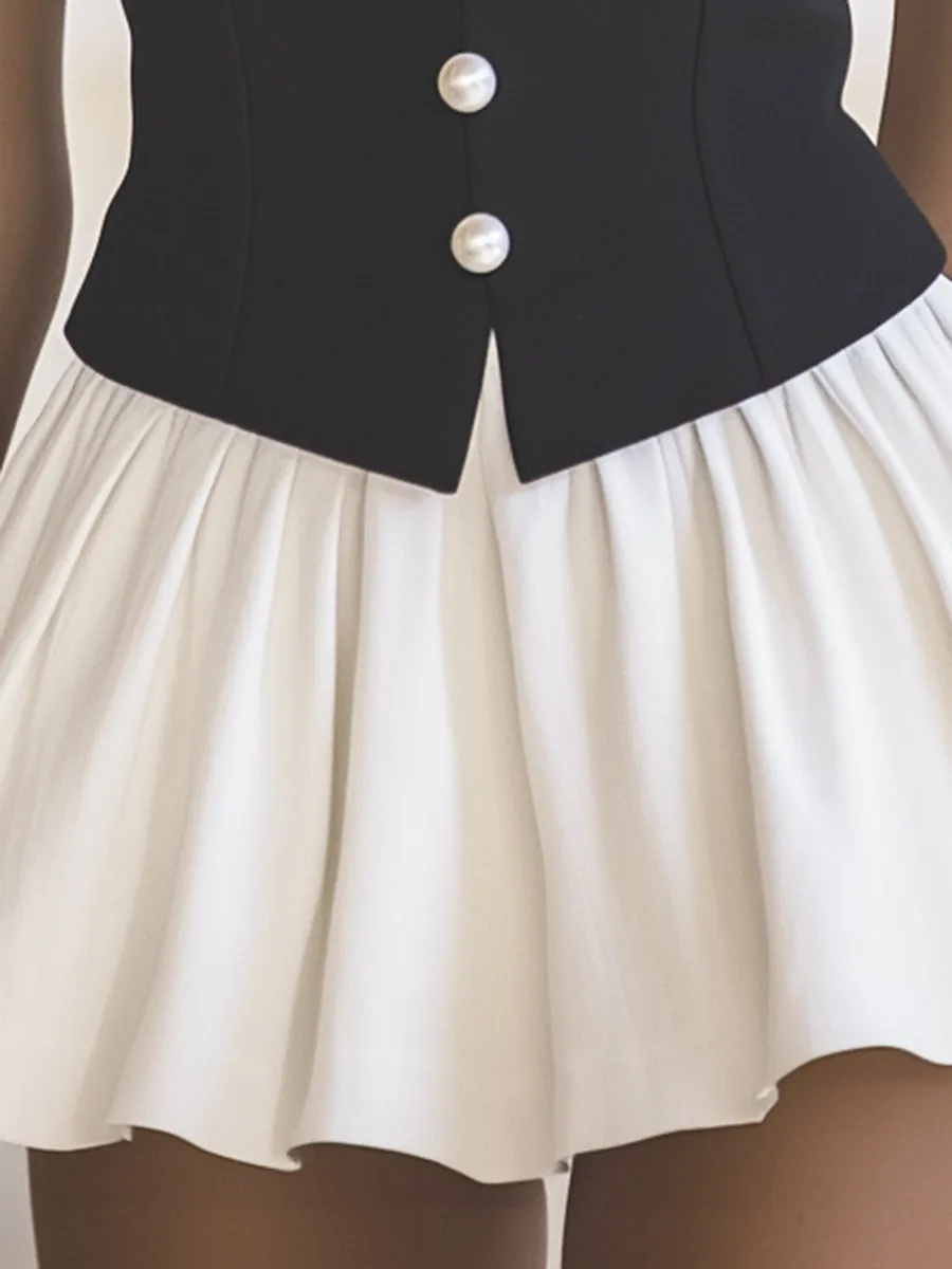 Fashionable Black and White Contrast Suspender Mini Dress