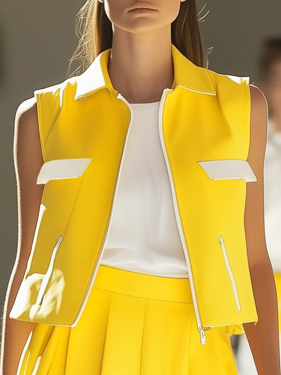 Fashionable Casual White Zipper Yellow Vest Skirt Set