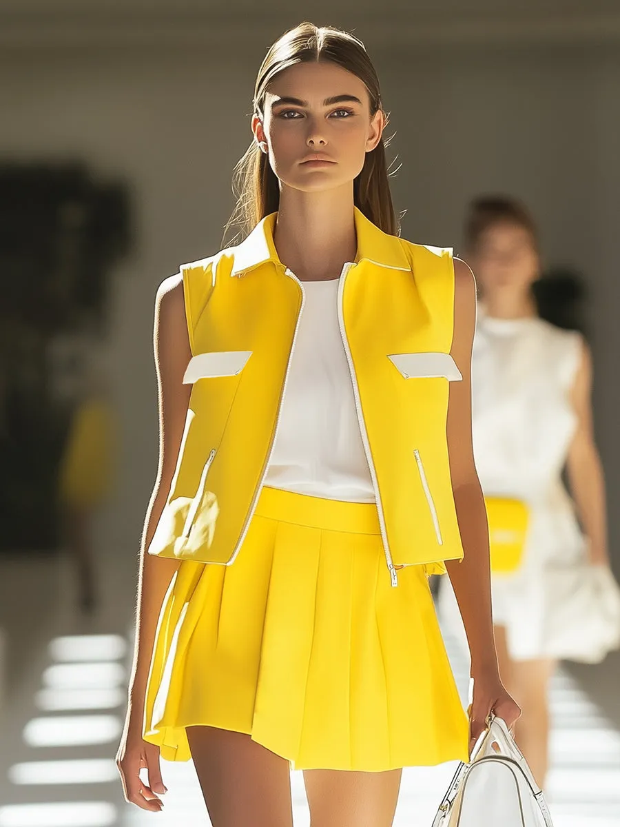 Fashionable Casual White Zipper Yellow Vest Skirt Set