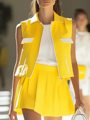 Fashionable Casual White Zipper Yellow Vest Skirt Set