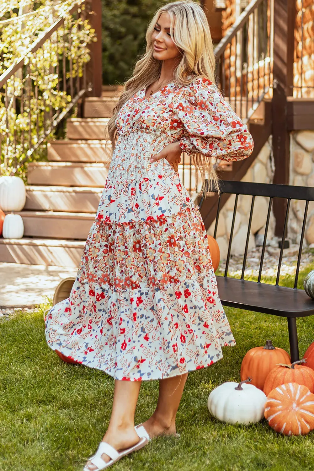 Floral Patchwork Tiered Midi Dress