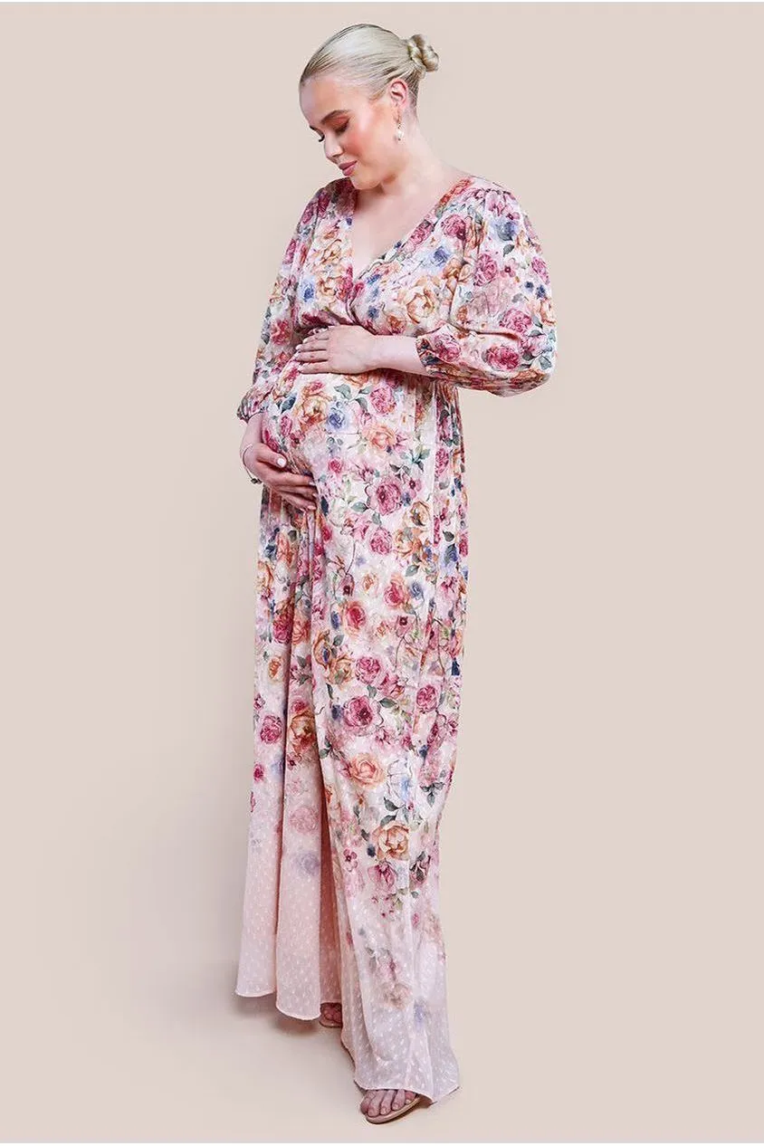 Goddiva Maternity Ombre Floral Printed Wrap Maxi Dress - Ivory