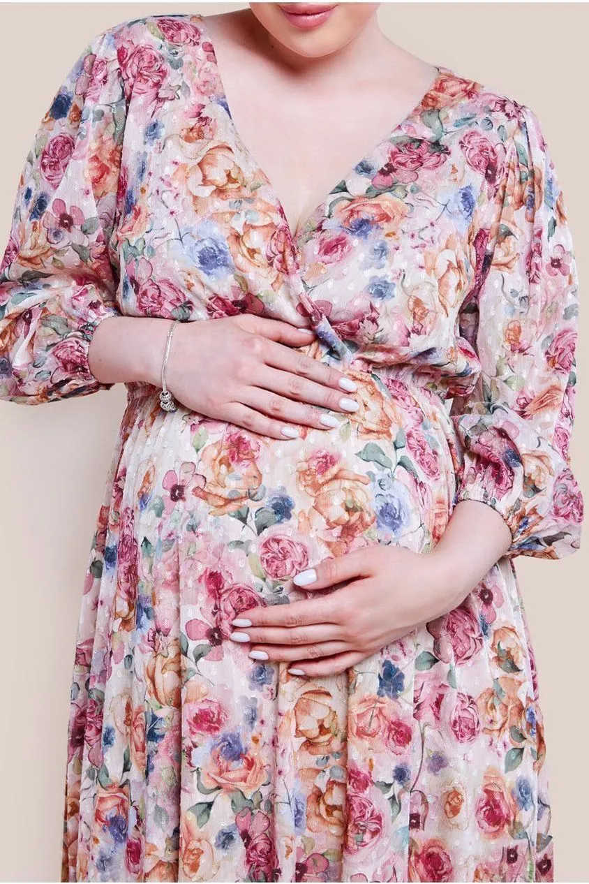 Goddiva Maternity Ombre Floral Printed Wrap Maxi Dress - Ivory