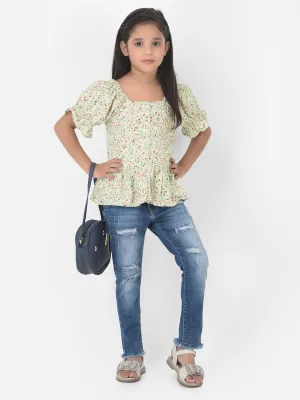 Green Floral Printed Cinched Waist Top