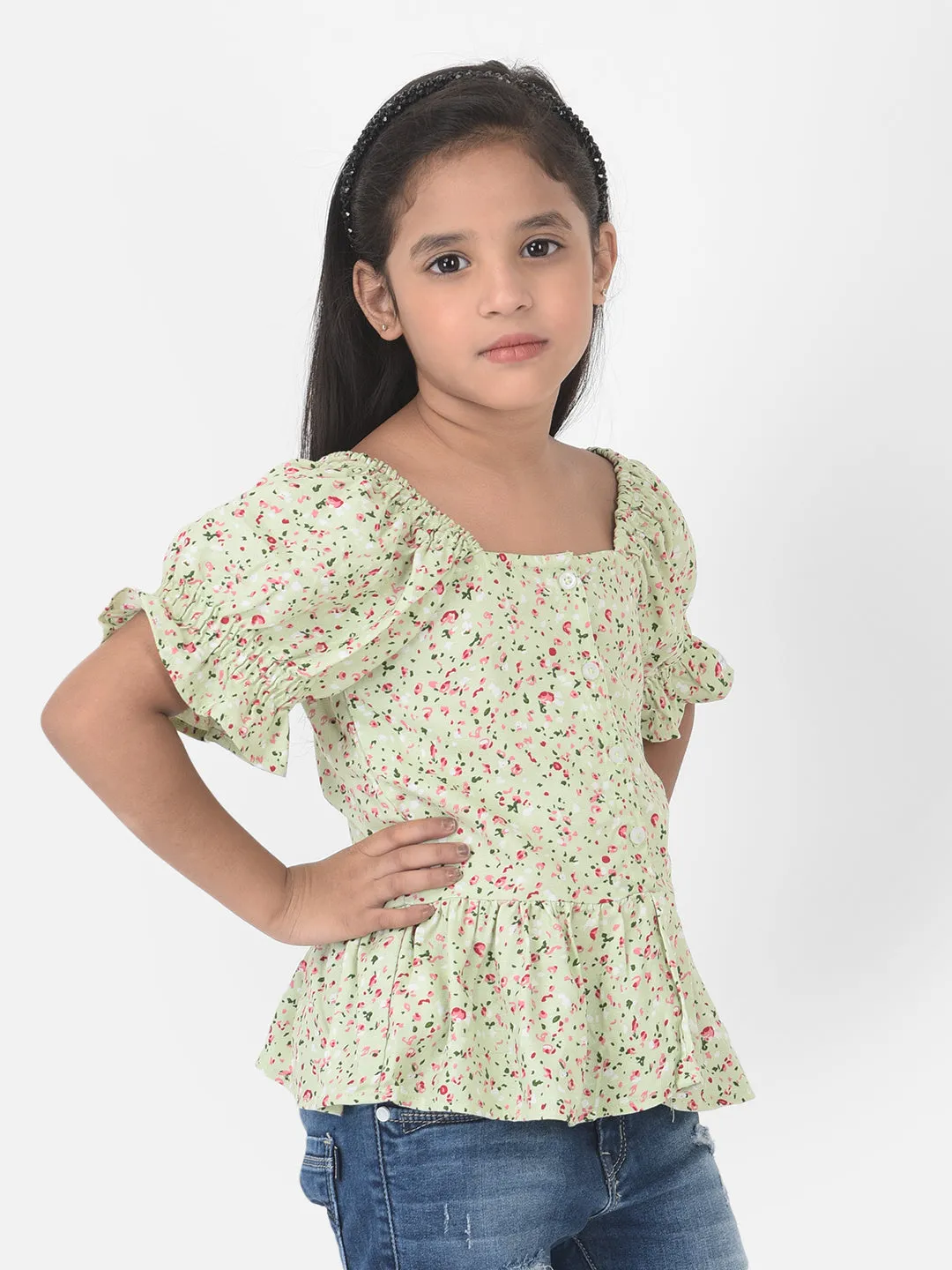Green Floral Printed Cinched Waist Top