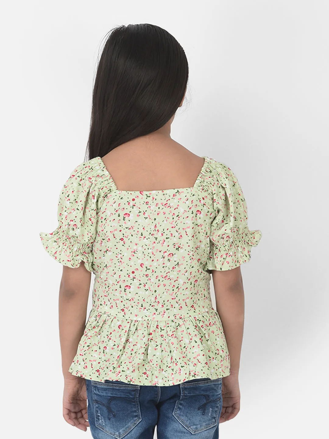 Green Floral Printed Cinched Waist Top