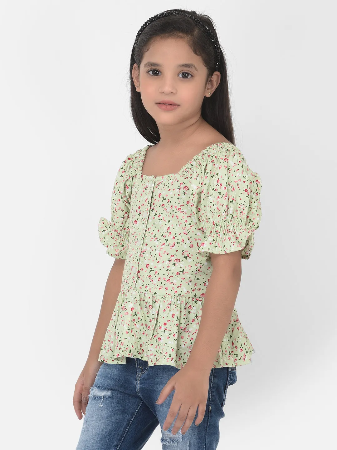 Green Floral Printed Cinched Waist Top