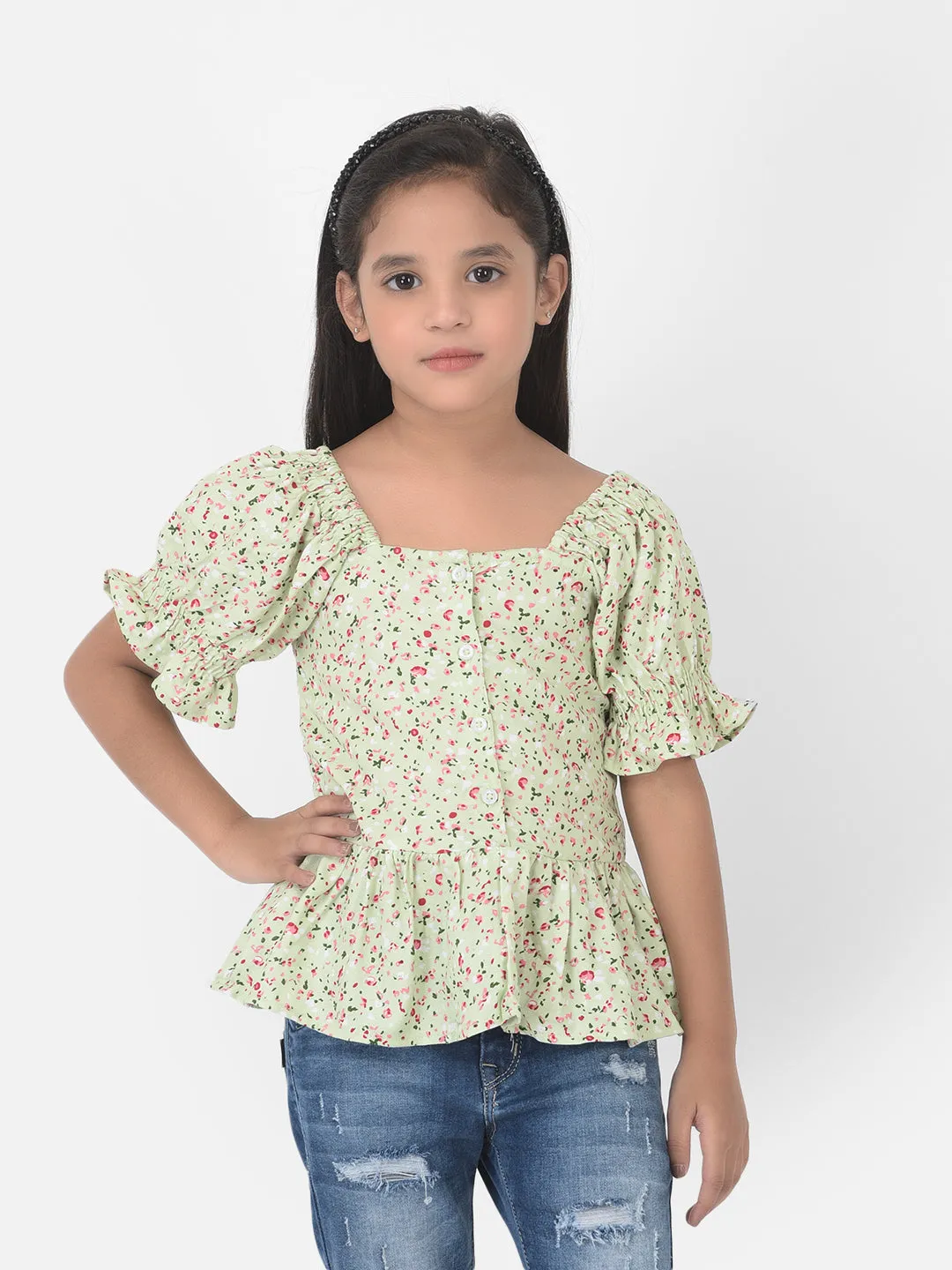 Green Floral Printed Cinched Waist Top