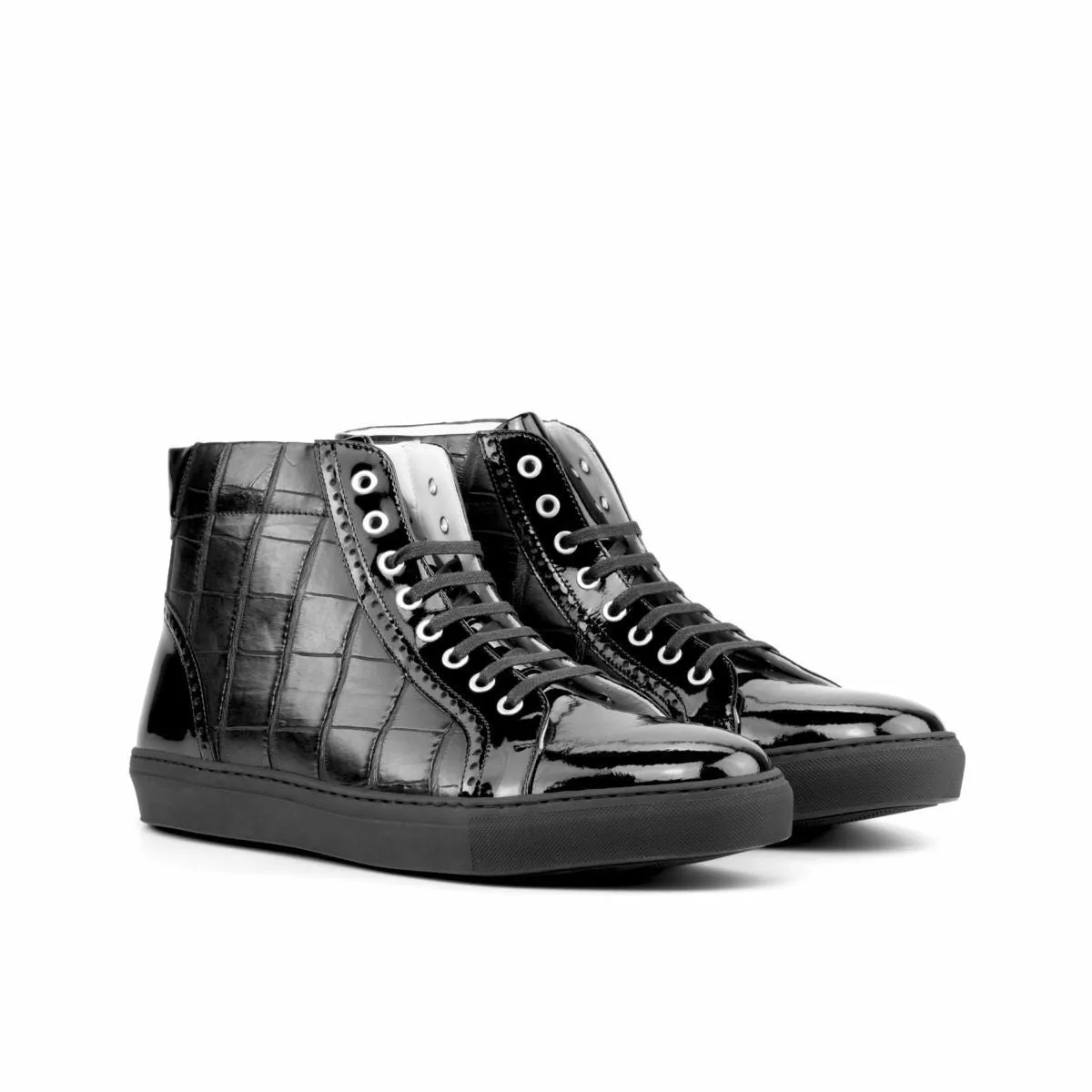 Height Increasing Black Crocodile Print Leather Rotorua High Top Sneaker Boots