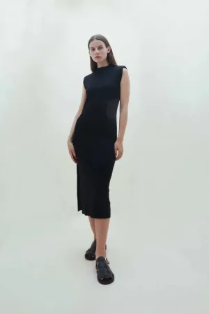 High Neck Black Midi Dress