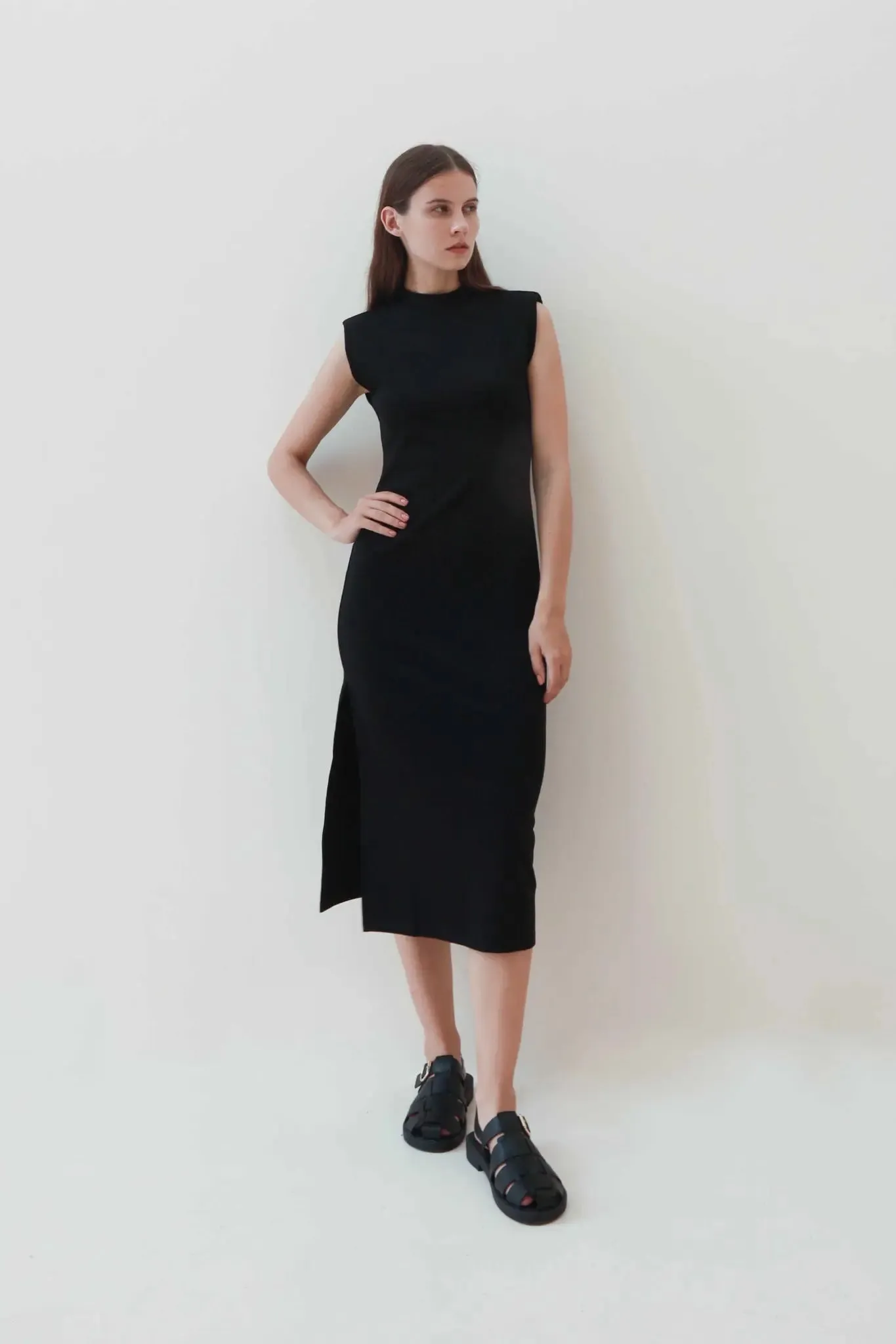 High Neck Black Midi Dress