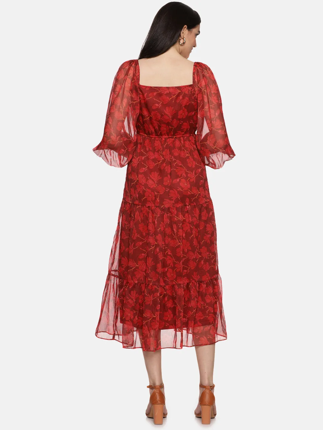 IS.U Floral Maroon Front Tie Knot Midaxi Dress