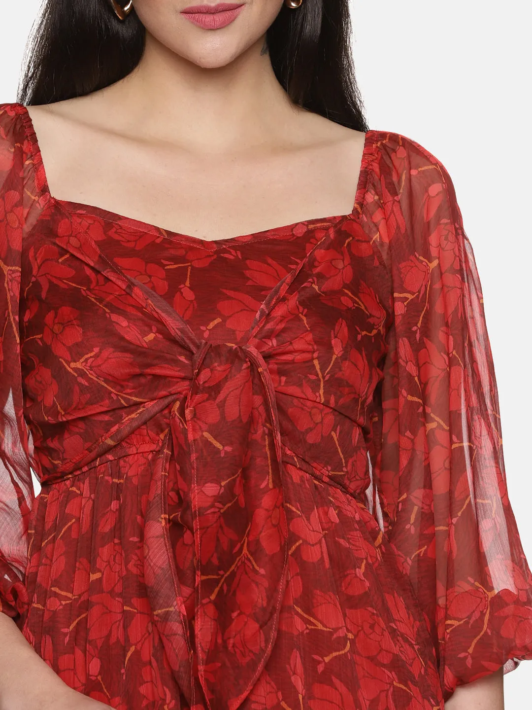 IS.U Floral Maroon Front Tie Knot Midaxi Dress