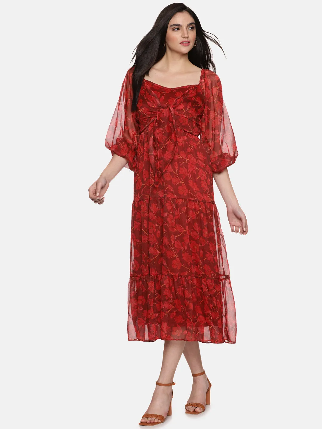 IS.U Floral Maroon Front Tie Knot Midaxi Dress