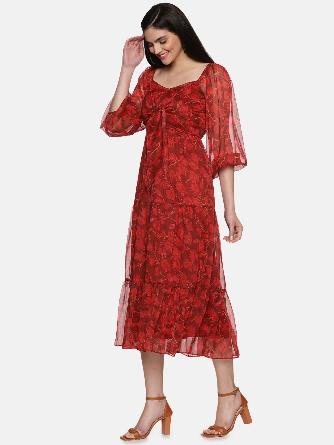 IS.U Floral Maroon Front Tie Knot Midaxi Dress