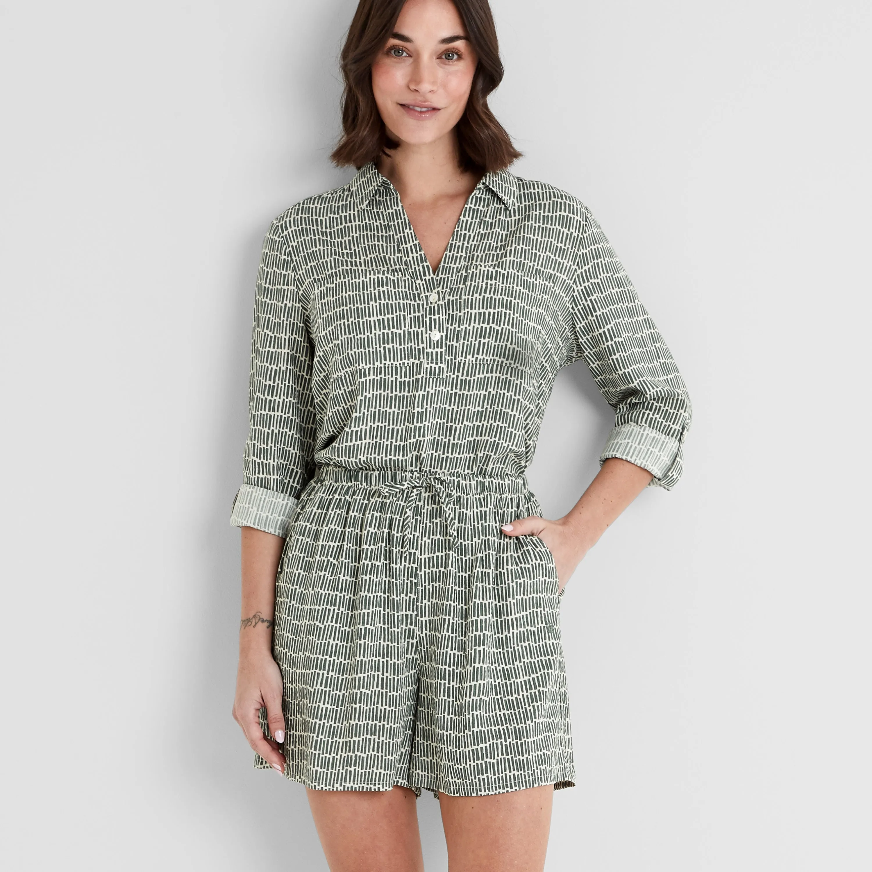 Kadina Womens Shirt Long Sleeve - Green Dash Print