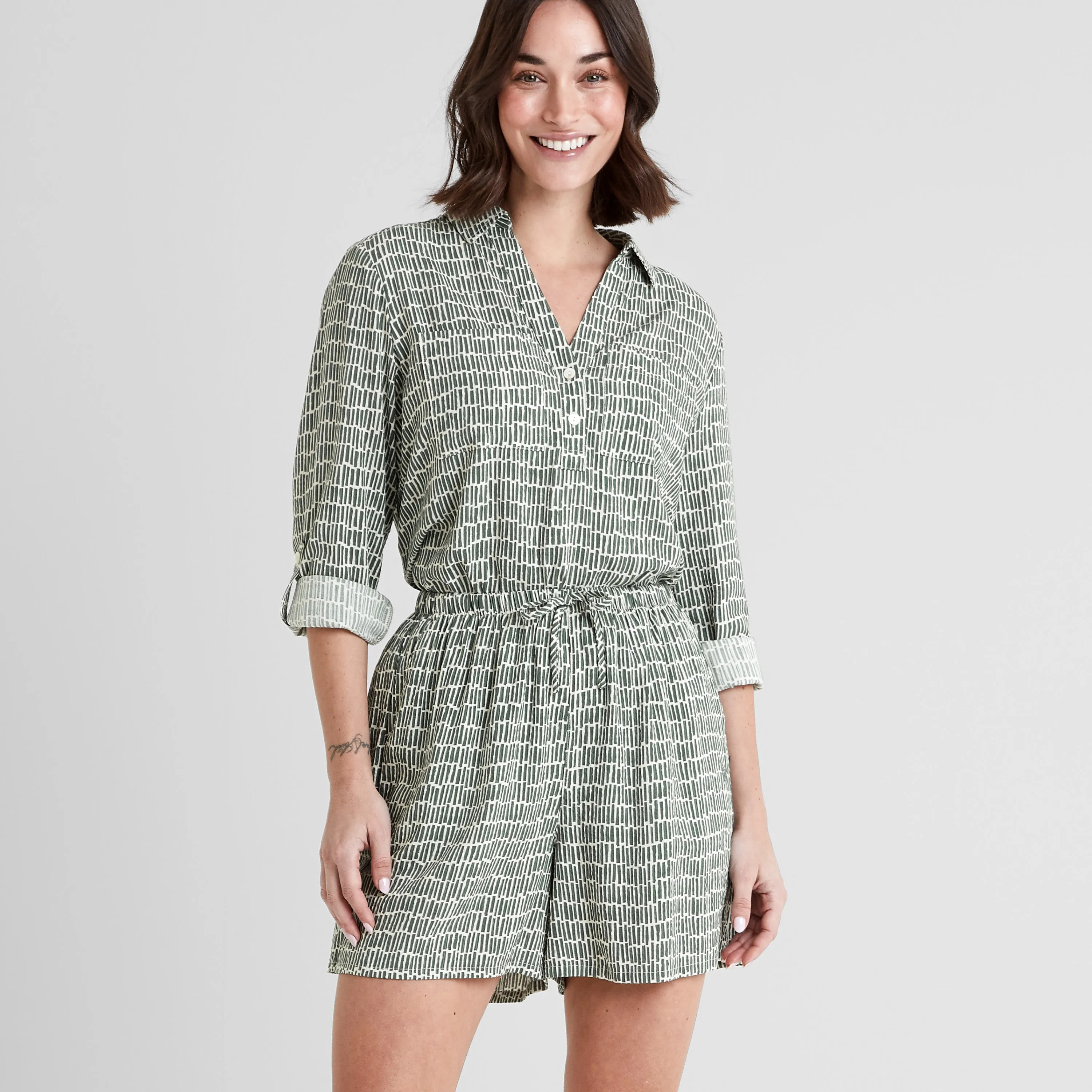 Kadina Womens Shirt Long Sleeve - Green Dash Print