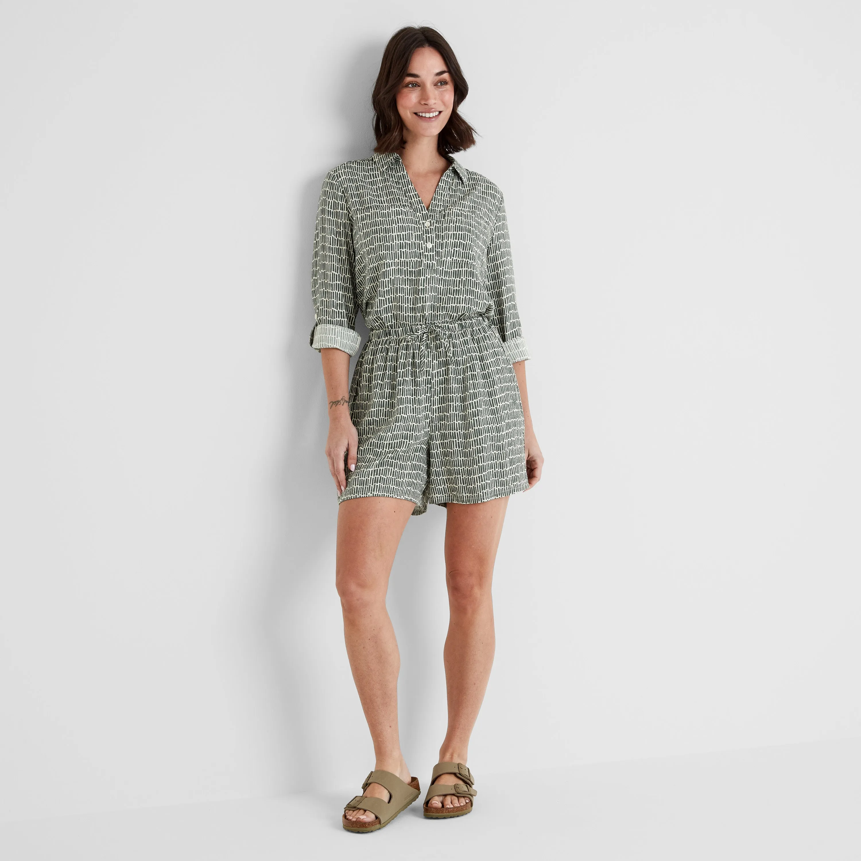 Kadina Womens Shirt Long Sleeve - Green Dash Print