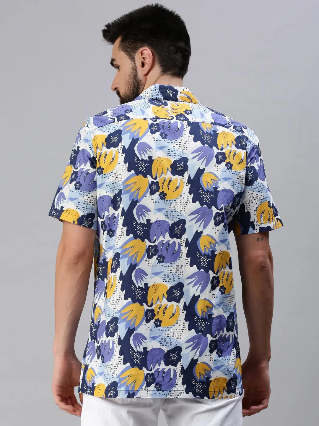 Men Cuban Collar Floral Blue Shirt