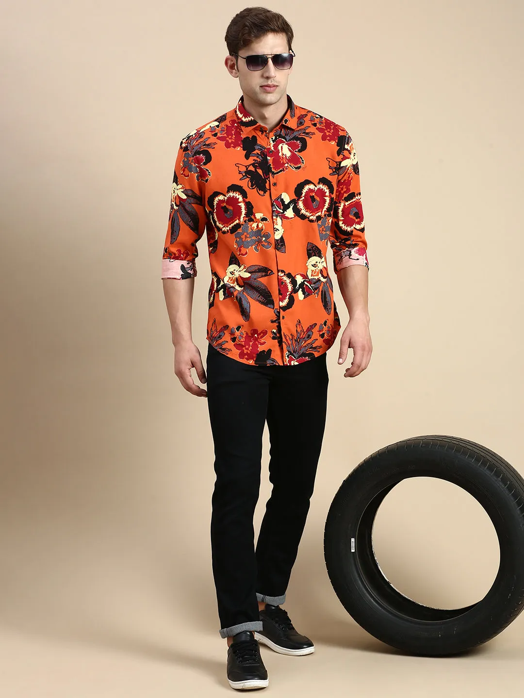 Men Rust Printed Casual Shirt
