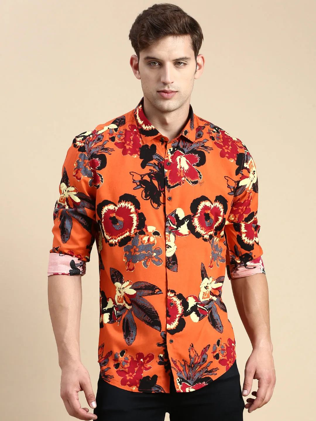 Men Rust Printed Casual Shirt