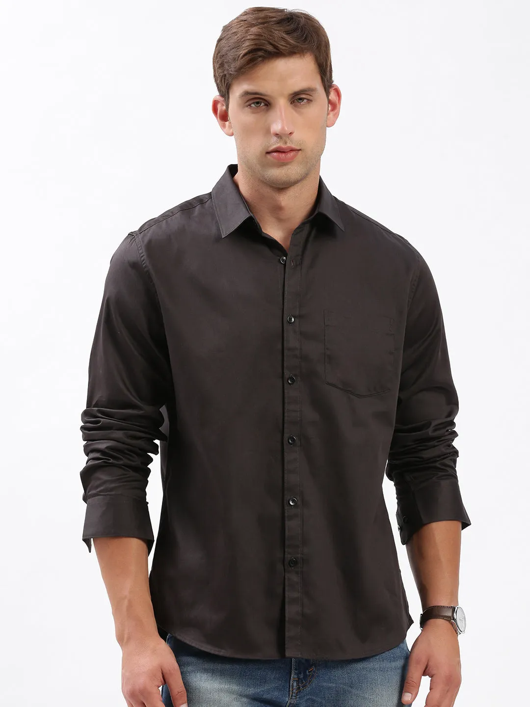Men Spread Collar Solid Black Shirt