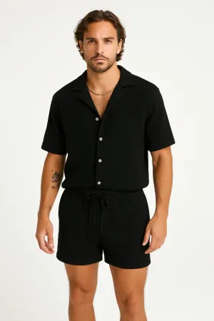 Mens Casual Outfit Set  Lightweight Textured Shirt and Drawstring Shorts  Relaxed Fit