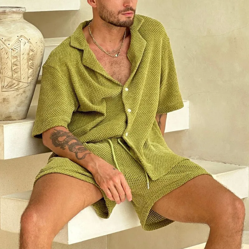 Mens Casual Outfit Set  Lightweight Textured Shirt and Drawstring Shorts  Relaxed Fit