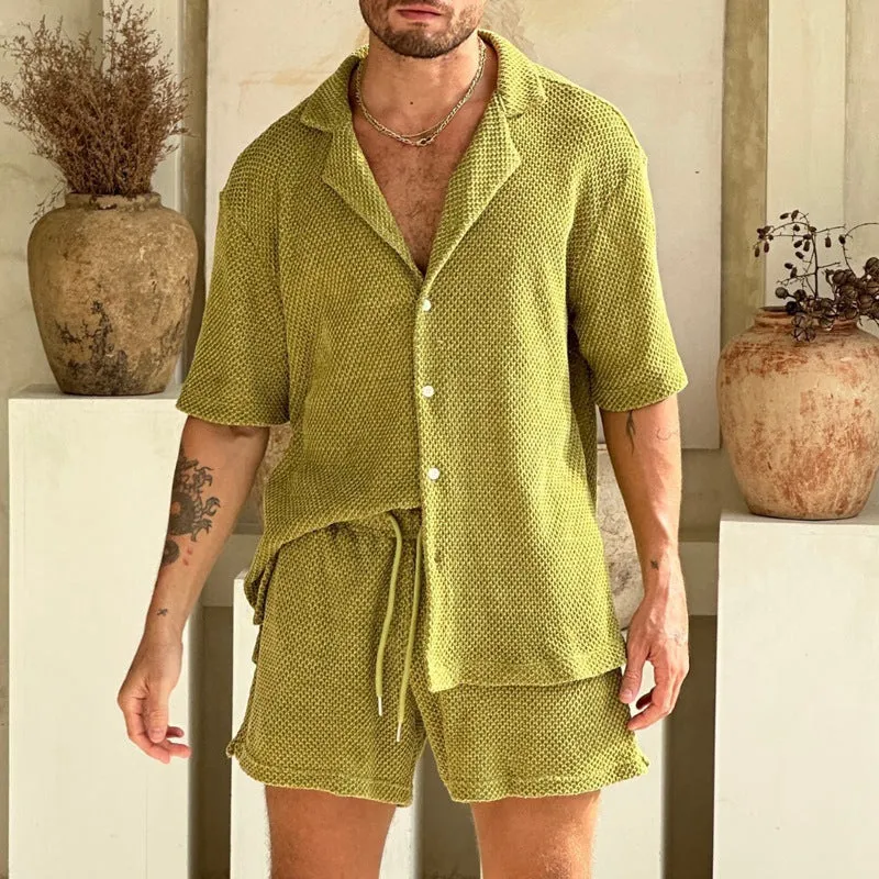 Mens Casual Outfit Set  Lightweight Textured Shirt and Drawstring Shorts  Relaxed Fit