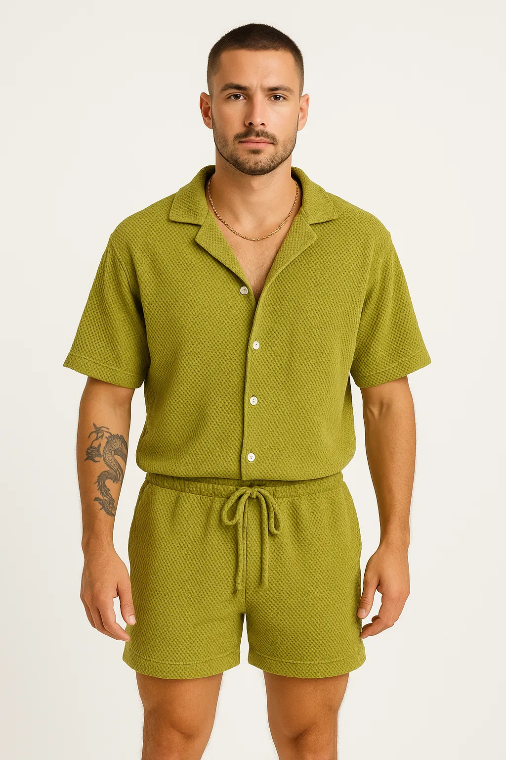 Mens Casual Outfit Set  Lightweight Textured Shirt and Drawstring Shorts  Relaxed Fit