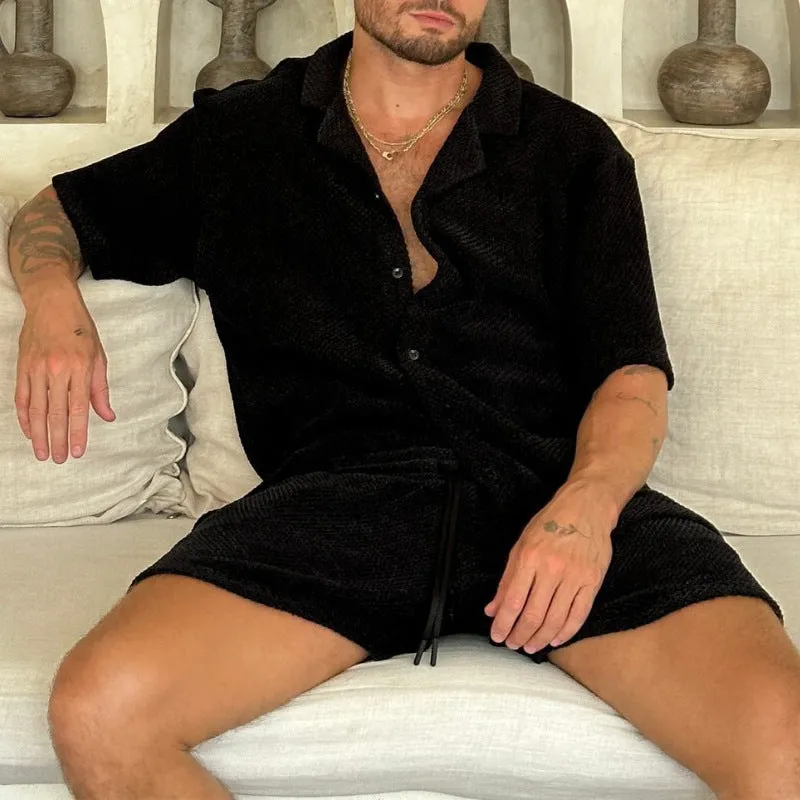 Mens Casual Outfit Set  Lightweight Textured Shirt and Drawstring Shorts  Relaxed Fit
